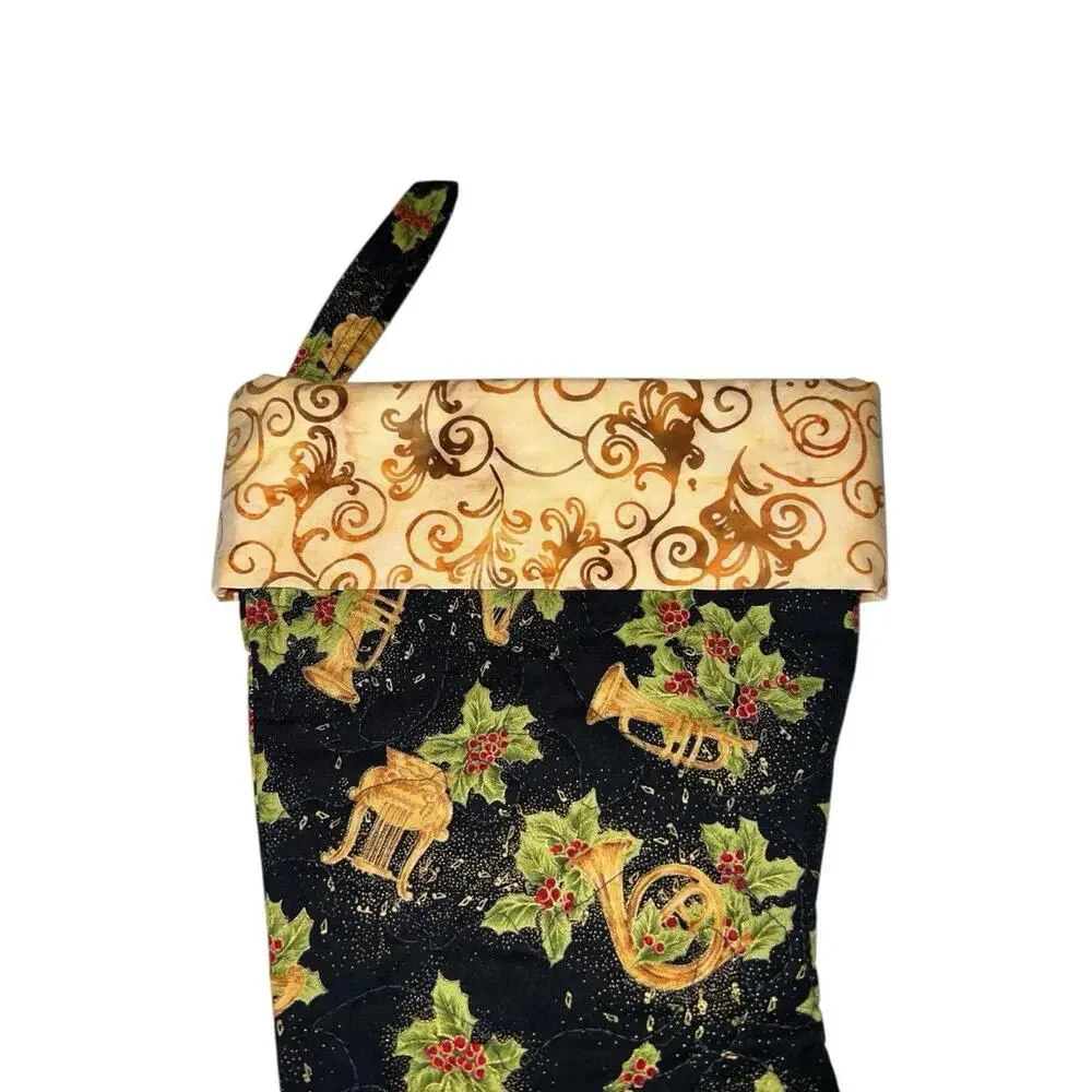 Handmade Quilted Christmas Stocking Holly Horns Gold‎ Swirl Patchwork 16